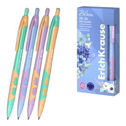 Penna a sfera retrattile Erichkrause Bloom XR-30 Matic&Grip Pastel - Penna a sfera da 0,7 mm - Tratto da 0,35 mm - Inchiostro blu - Impugnatura - Corpo pastello