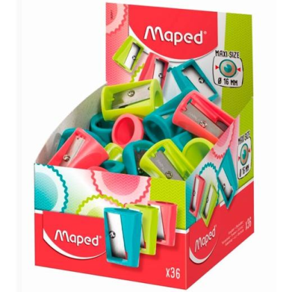 Temperamatite in plastica Maped Vivo Maxi con 1 foro da 16 mm - Lama in acciaio affilata e resistente - Colori assortiti