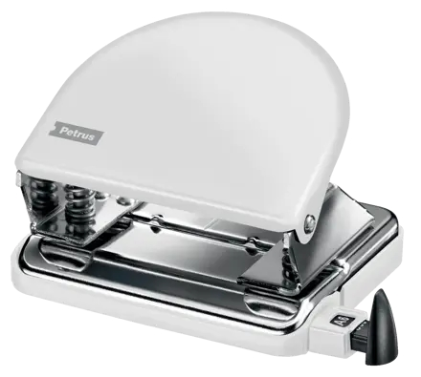 Petrus 52 WOW Classic Metal Hole Punch - Fino a 20 fogli - Segni di formato - Svuotamento facile - Perforazioni da 5,5 mm - Bianco metallizzato