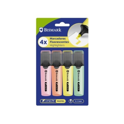 Confezione da 4 pennarelli fluorescenti Bismark - Punta a scalpello da 2-5 mm circa - Inchiostro a base d'acqua - Lunga durata - Colori pastello assortiti
