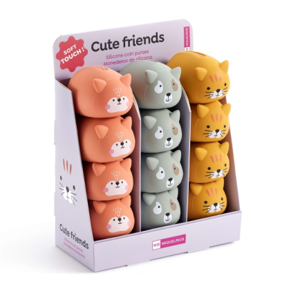 Miquel Rius Back2Fun - Espositore di simpatici animali con 12 portamonete in silicone - 4 di ogni modello di animale - Chiusura con cerniera