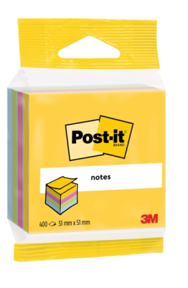 Cubo di Post-it da 400 foglietti adesivi riposizionabili - Forma quadrata - 51x51 mm - Colori assortiti