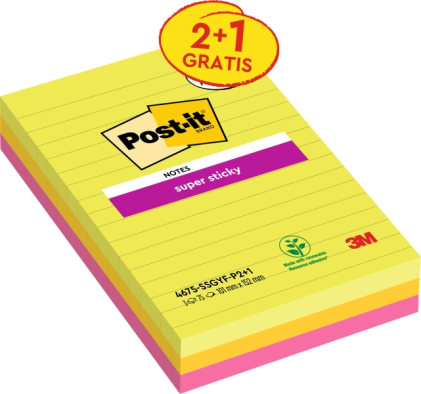Confezione da 3 blocchetti di Post-it Super Sticky da 75 foglietti adesivi riposizionabili - Forma rettangolare - 101x152 mm - Colori assortiti