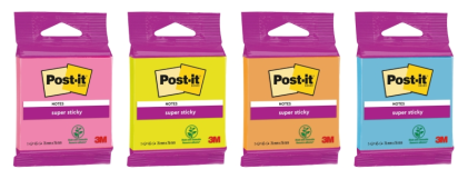 Blocchetto di 45 foglietti adesivi riposizionabili Post-it Super Sticky - Forma quadrata - 76x76 mm - Colori assortiti