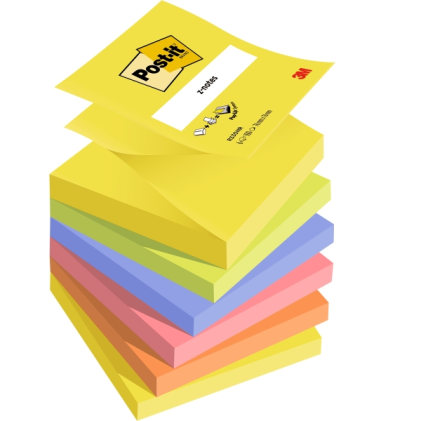 Confezione da 6 blocchetti di Post-it da 100 foglietti adesivi riposizionabili a Z, formato quadrato 76x76 mm, colori assortiti.