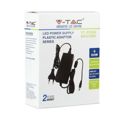 V-TAC Alimentatore per Strip LED 60W 24V 2.5A Plug and Play con Jack 2.1 e Cavo 2.4m con Spina, Protezione EMI e Cortocircuito IP44