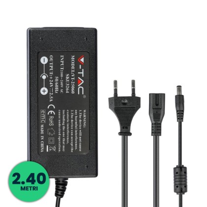 V-TAC Alimentatore per Strip LED 60W 24V 2.5A Plug and Play con Jack 2.1 e Cavo 2.4m con Spina, Protezione EMI e Cortocircuito IP44