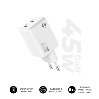 Caricabatterie da parete Subblim GaN 45W - 2xUSB-C - Ricarica ultraveloce - Bianco