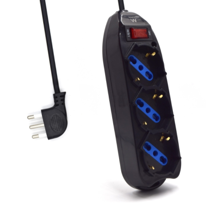 Multipresa Ewent con 3 prese tipo L/F (Schuko) 10/16A - Interruttore on/off - Spina italiana piatta angolata - Cavo da 1,5 m - Nero