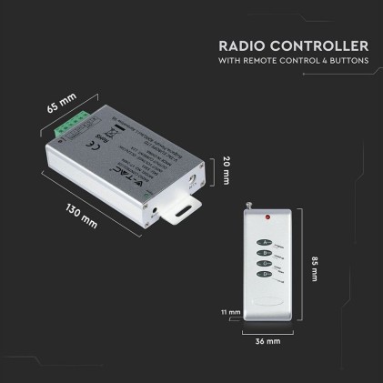 V-TAC Controller per Strip LED Dimmerabile con Radiocomando 4 Tasti (Max 144W)