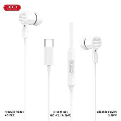 Cuffie auricolari XO EP81 con microfono - Connessione USB-C - Cavo da 1,20 m - Colore bianco