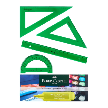 Faber-Castell School Pack da 4 righelli - Righello dritto - Goniometro - Squadra - Colore verde trasparente