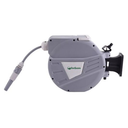 Tubo da giardino Sungarden SG0164 da 10 metri - Avvolgitubo automatico con guida - Staffa per montaggio a parete - Rotazione a 180&deg; - Grigio