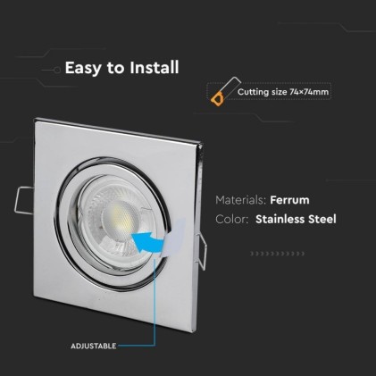 V-TAC Portafaretto LED da Incasso Quadrato GU10 e GU5.3 (MR16) Colore Cromato Orientabile