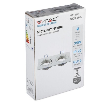 V-TAC Portafaretto LED Doppio da Incasso Rettangolare 2*GU10 e GU5.3 (MR16) Corpo in Alluminio Bianco Orientabile