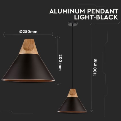 V-TAC Lampadario LED a Campana in Alluminio e Legno con Portalampada E27 (Max 60W) Colore Nero