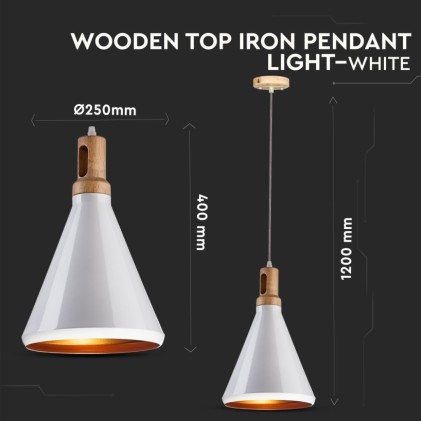 V-TAC Lampadario LED in Metallo con Portalampada E27 (Max 60W) Colore Bianco e Attacco in Legno