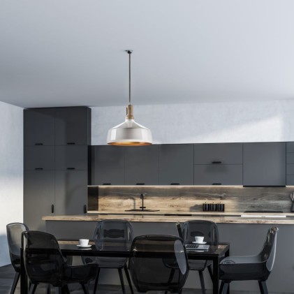 V-TAC Lampadario LED in Metallo a Coppa con Portalampada E27 (Max 60W) Colore Bianco Lucido e Attacco in Legno