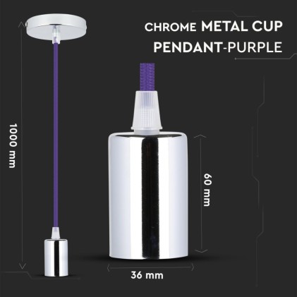V-TAC Lampadario LED a Cilindro in Metallo con Portalampada E27 (Max 60W) Colore Cromato e Cavo Viola