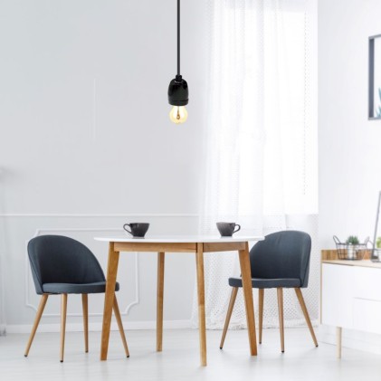 V-TAC Portalampada in Porcellana E27 (Max 60W) Colore Nero e Cavo in Corda