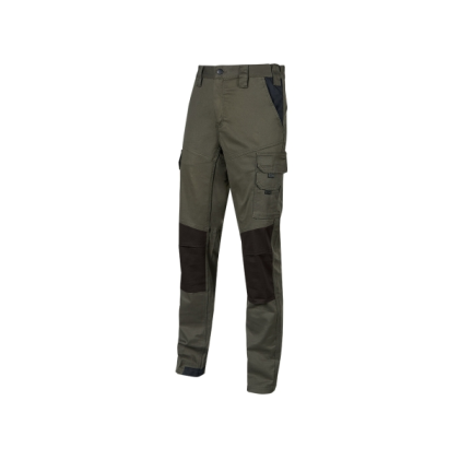 Pantaloni da lavoro Upower Majo - Taglia XL - Cotone elasticizzato, design slim fit, tasche multiple, protezione lombare, dettagli rinforzati, nastro riflettente, cinturino porta martello - Verde scuro
