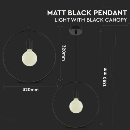 V-TAC Lampadario LED a Cerchio in Metallo con Portalampada E27 (Max 60W) Colore Nero Opaco