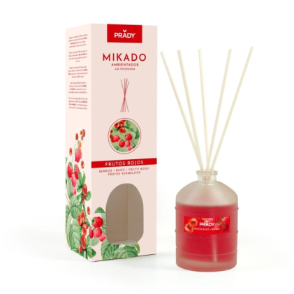 Prady Mikado Deodorante per ambienti Frutti Rossi - Flacone in vetro da 100 ml e bastoncini diffusori