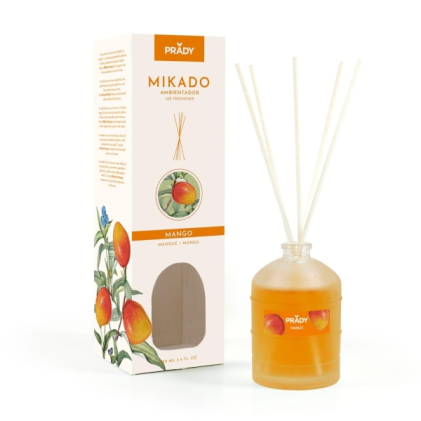 Deodorante per ambienti Prady Mango Mikado - Flacone in vetro da 100 ml e bastoncini diffusori