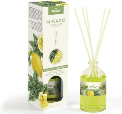 Deodorante per ambienti Prady Mikado al limone e menta - Flacone in vetro da 100 ml e bastoncini diffusori
