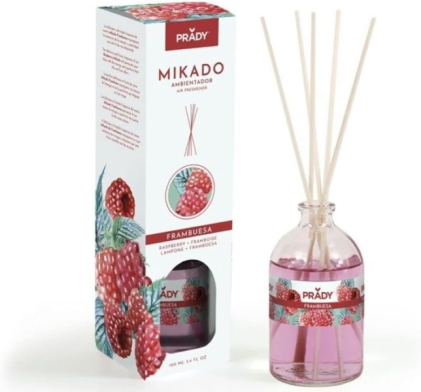 Deodorante per ambienti Prady Raspberry Mikado - Flacone in vetro da 100 ml e bastoncini diffusori