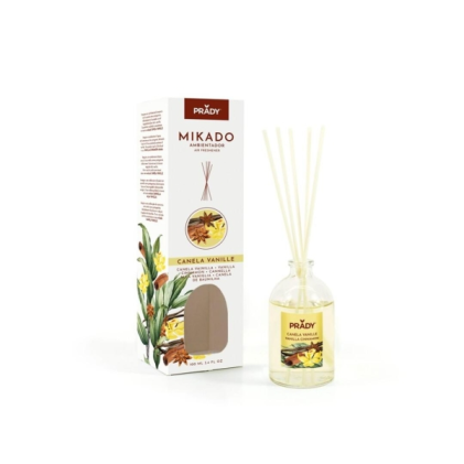 Deodorante per ambienti Prady alla cannella e vaniglia in mikado - Flacone in vetro da 100 ml e bastoncini diffusori