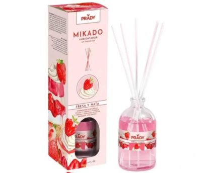 Prady Mikado Deodorante per ambienti Fragole e panna - Flacone in vetro da 100 ml e bastoncini diffusori
