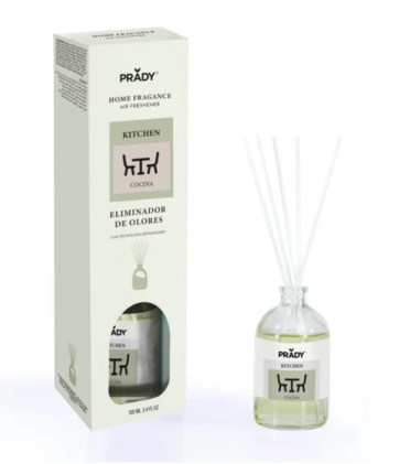 Prady Mikado Deodorante per ambienti e neutralizzatore di odori per cucina - Flacone in vetro da 100 ml e bastoncini diffusori