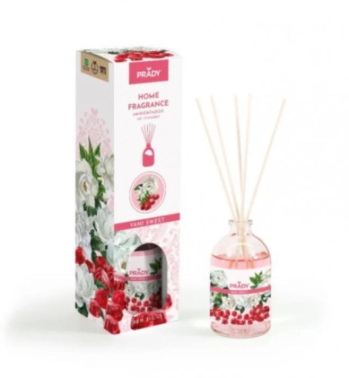 Deodorante per ambienti Prady Yani Sweet Mikado - Flacone in vetro da 100 ml e bastoncini diffusori