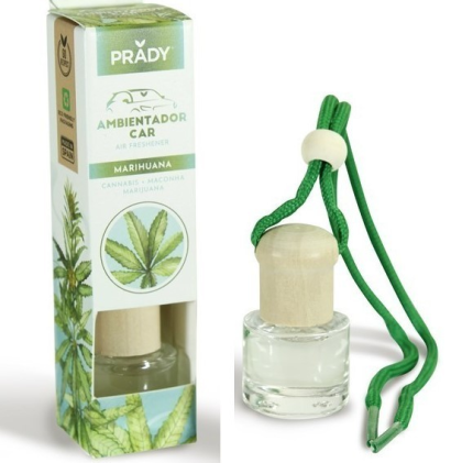 Deodorante per auto Prady al profumo di marijuana - Flacone in vetro da 6 ml e cordino per specchietto retrovisore