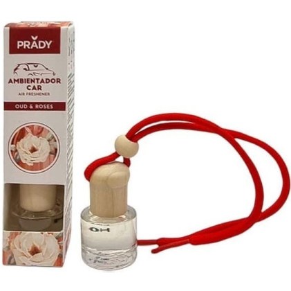 Deodorante per auto Prady OUD e Rosa - Flacone in vetro da 6 ml con cordino per specchietto retrovisore