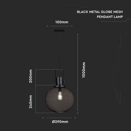 V-TAC Lampadario LED a Sfera e Rete in Metallo con Portalampada E27 (Max 60W) Colore Nero