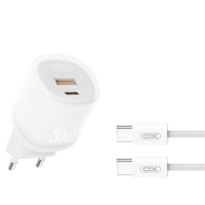 Adattatore di alimentazione XO L151 da 30 W - USB-A e USB-C - GaN - Include cavo USB-C - Bianco