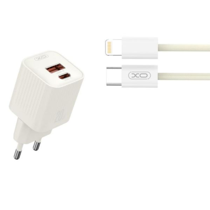 Adattatore di alimentazione XO L147 da 20 W - USB-A e USB-C - Ricarica rapida - Include cavo da USB-C a Lightning - Bianco