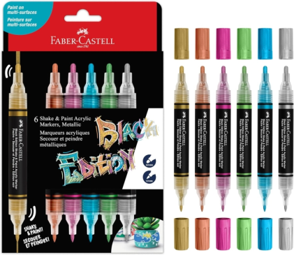 Faber-Castell Shake & Paint Black Edition, confezione da 6 pennarelli acrilici a doppia punta - Punte rotonde da 1 mm e 3 mm - Inchiostro acrilico a base d'acqua - Colori metallizzati assortiti
