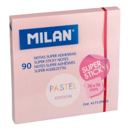 Blocco di 90 foglietti adesivi super adesivi Milan - Rimovibili - A lunga durata - 76 mm x 76 mm - Rosa pastello