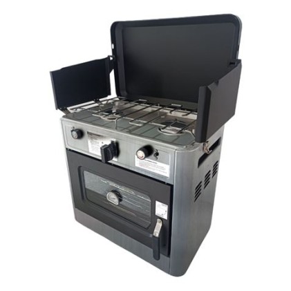Cucina a gas Muvip con 2 fuochi - Coperchio protettivo - Forno da 15 litri - Sistema di sicurezza - Paravento - 49x34x45,5 cm - Colore acciaio
