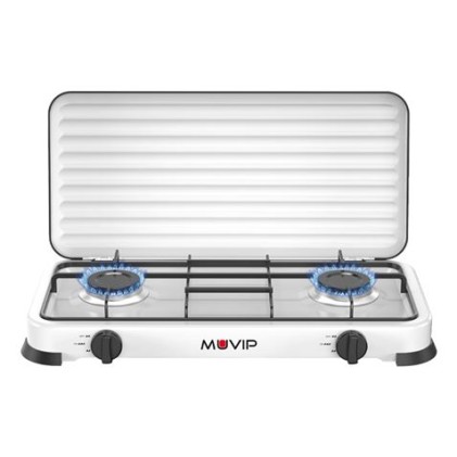 Cucina a gas Muvip Vulcano con 2 fuochi - Coperchio protettivo - Piedini in gomma - Superficie smaltata - Bruciatore rimovibile - 57,7x27,8x5,3 cm - Bianco