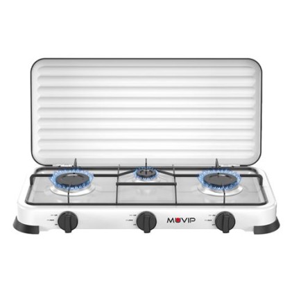 Cucina a gas Muvip Vulcano con 3 fuochi - Coperchio protettivo - Piedini in gomma - Superficie smaltata - Bruciatore rimovibile - 57,7x27,8x5,3 cm - Bianco