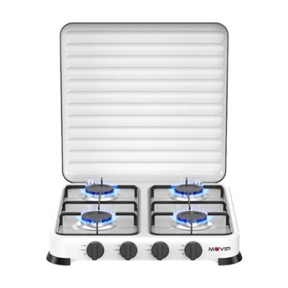 Cucina a gas Muvip Vulcano con 4 fuochi - Coperchio protettivo - Piedini in gomma - Superficie smaltata - Bruciatore rimovibile - 47,8x47,8x60 cm - Bianco