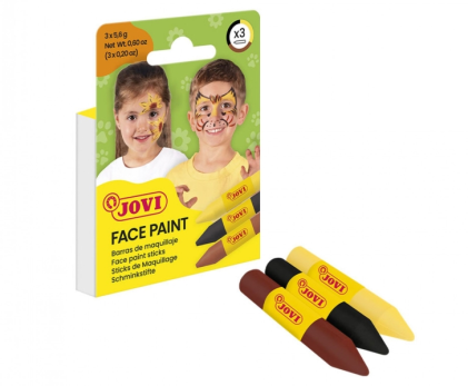Confezione da 3 stick per il trucco viso Jovi con effetto animale - Adatti a tutti i tipi di pelle - Si rimuovono facilmente - Colori: Giallo, Marrone e Nero