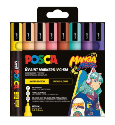 Posca Manga Hero Limited Edition PC-5M Confezione da 8 pennarelli a vernice - Punta tonda da 1,8-2,5 mm - Inchiostro a base d'acqua - Resistente alla luce - Non permanente - Colori pastello assortiti