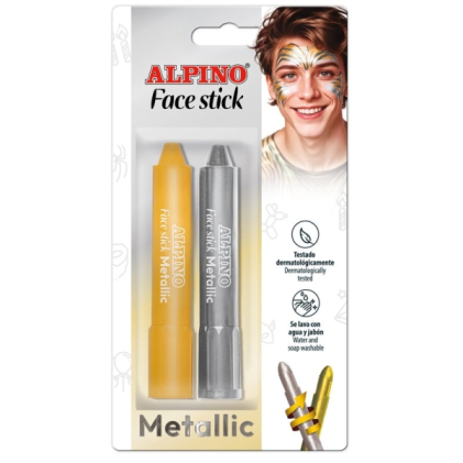 Alpino Fiesta Face Stick Pack con 2 stick di pittura per il viso - Sistema rotante retrattile - Lavabile con acqua - Dermatologicamente testato - Argento e oro
