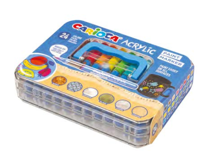 Carioca Astuccio in plastica acrilica con 24 pennarelli acrilici - Punta a pennello - Inchiostro a base d'acqua - Alta copertura - Colori assortiti