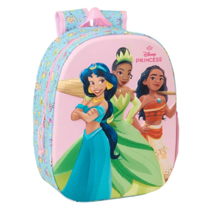 Zaino Safta Principesse Disney 3D, 8,64 litri - Porta borraccia - Porta badge - Spallacci imbottiti - 27x33x10 cm - Azzurro